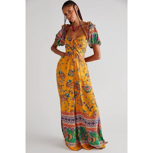 Free People Bali Citrus Skies Jumpsuit – Size L– Ruched Bodice, Cutouts, - Picture 3 of 15